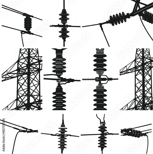 High voltage electrical insulator components and transmission tower silhouettes, industrial power line equipment, energy infrastructure illustration, detailed utility hardware design