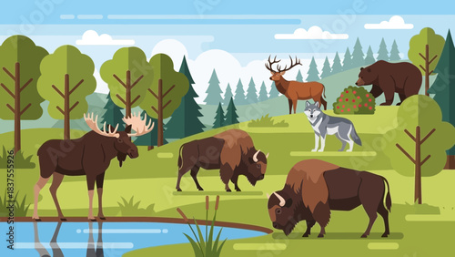 Flat Design Wildlife Scene: North American Animals (Moose, Bison, Elk, Wolf, Bear) in a Forest and Meadow Landscape by a Pond
