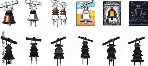 High voltage electrical insulator collection in various artistic styles, detailed utility component illustration set for energy infrastructure, power grid design, engineering
