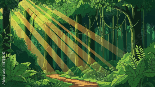 Mystical Jungle Forest Landscape: Vibrant Pixel Art Illustration with Sun Rays Beaming Through Lush Tropical Foliage and Vines