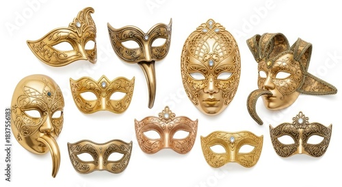Elegant Collection of Golden Venetian Carnival Masks featuring Intricate Ornate Designs, Half and Full Face Styles, and Gemstone Accents, Perfect for Masquerade, Isolated on White