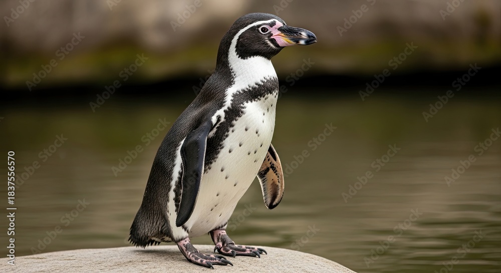 Fototapeta premium Striking Humboldt Penguin standing on a textured rock, displaying its iconic black and white plumage, unique pink eye patch, and colorful beak against a soft, blurred natural backdrop.