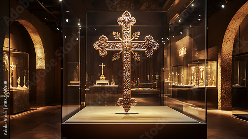 A large gold cross is on display in a museum