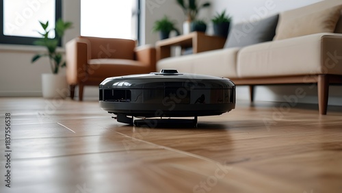 A smart vacuum robot cleaning a minimalist apartment