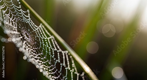 Close-up of a delicate spiderweb adorned with sparkling morning dewdrops, glistening on a plant stem with a soft, blurred green and bokeh background, capturing nature' serene beauty.