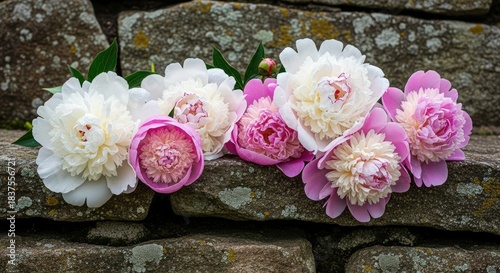 Beautiful Pink and White Peonies with Water Droplets Resting on a Rustic Stone Wall, Celebrating Summer Freshness