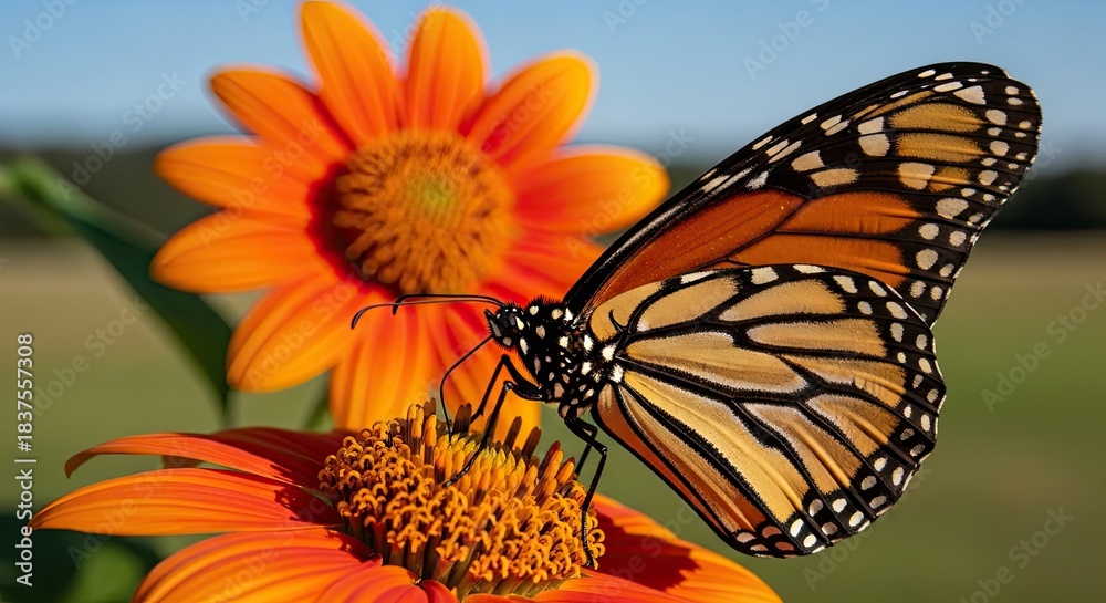 Obraz premium Vibrant Monarch butterfly feeding on a bright flower, showcasing intricate wing patterns against a soft natural background.