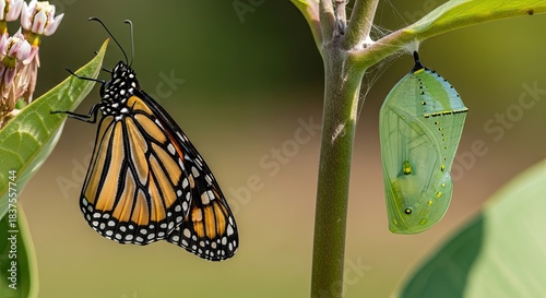 Vibrant Monarch Butterfly and Green Chrysalis on Milkweed Plant, Illustrating the Beautiful Life Cycle and Metamorphosis in Nature