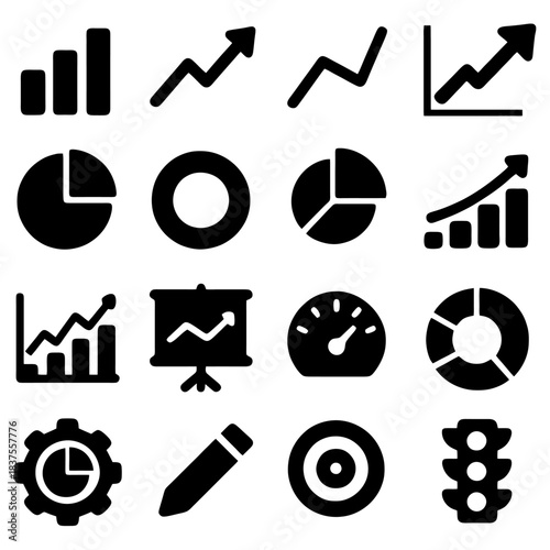 Data Icons: A collection of data analysis, business, and finance icons with their symbolic meaning of metrics, chart, statistics, and trends. These icons represent data in all its facets.