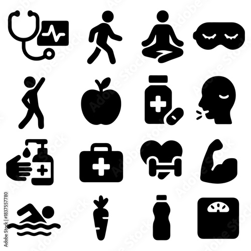 Health and Wellness Icons: A collection of health and wellness icons, portraying vital components of a healthy lifestyle, promoting well-being and a balanced routine.