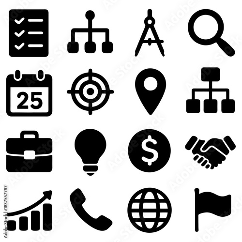 Business and Technology Icon Set: A comprehensive collection of meticulously crafted vector icons, designed to symbolize various aspects of business, technology, and productivity.