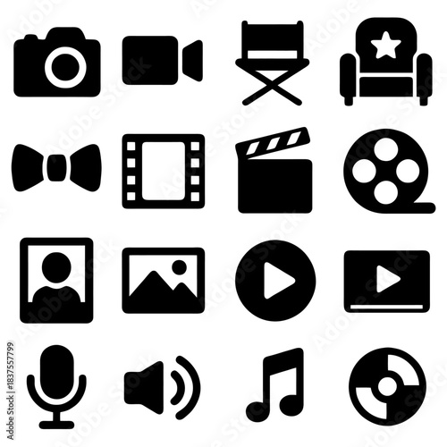 Film Industry Elements: A collection of iconic film industry elements arranged in a pattern, each representing essential aspects of cinema and media.