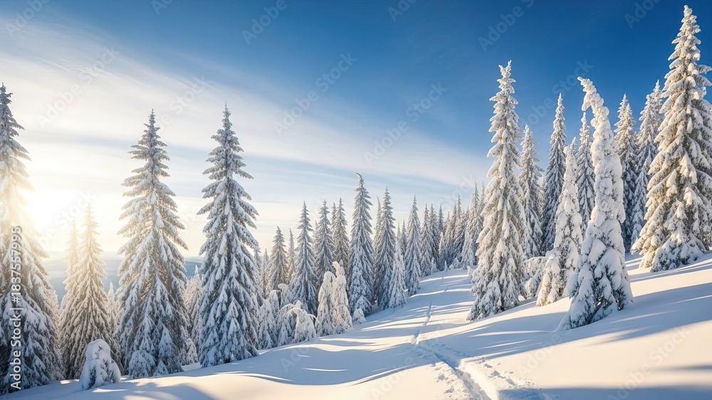 Obraz premium Snow-covered evergreen trees on a sunny winter day in the mountains