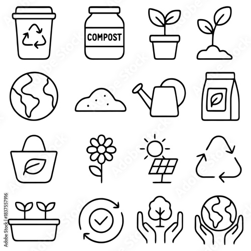 Eco-Friendly Icons: A collection of meticulously designed line icons representing vital elements of sustainable practices and environmental conservation, highlighting themes of recycling, growth.