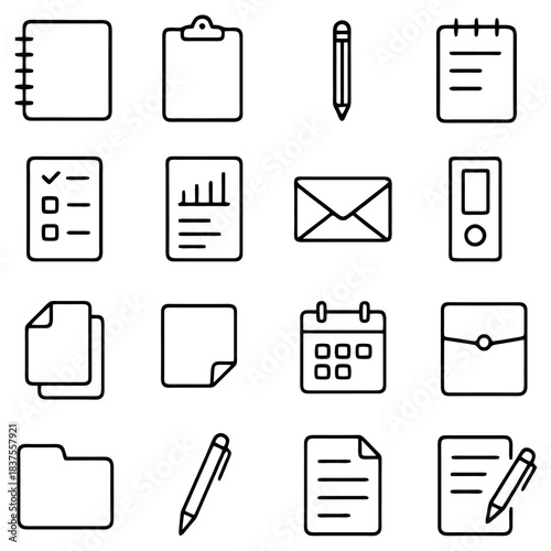 Office Supplies Icons: A meticulously crafted collection of vector icons showcasing essential office supplies, perfect for projects requiring a clean and professional aesthetic.
