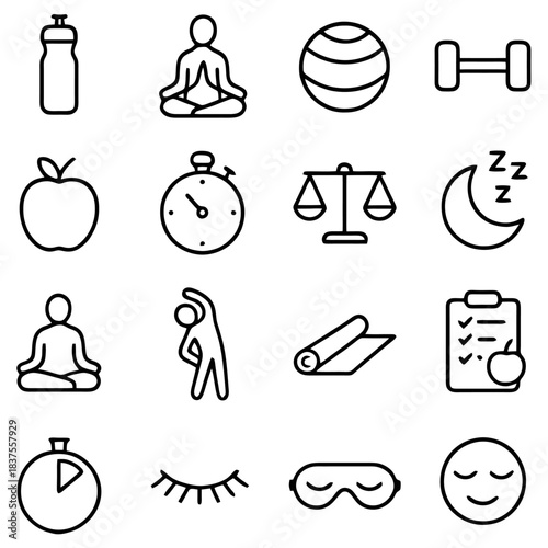 Wellness Icons for a Healthy Life: A collection of meticulously designed line icons representing key elements of wellness and balanced lifestyle.