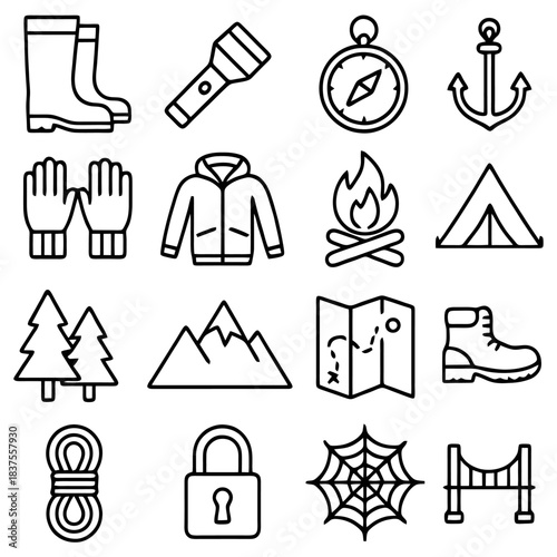 Essentials for Exploration: A collection of meticulously drawn camping gear essentials. Showcasing the tools needed for outdoor adventures, symbolizing preparedness, and a spirit of exploration