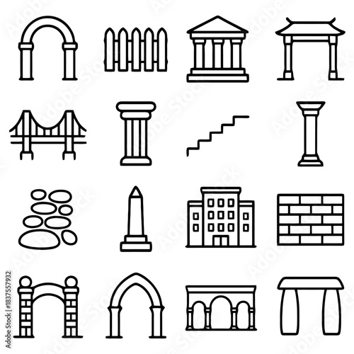 Architectural Elements Collection: A comprehensive set of line icons showcases various architectural elements, perfect for design and illustrating diverse building styles.