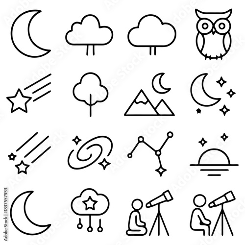 Celestial Elements: A collection of simple, elegant line icons depicting celestial bodies and astronomy-related symbols, perfect for designs