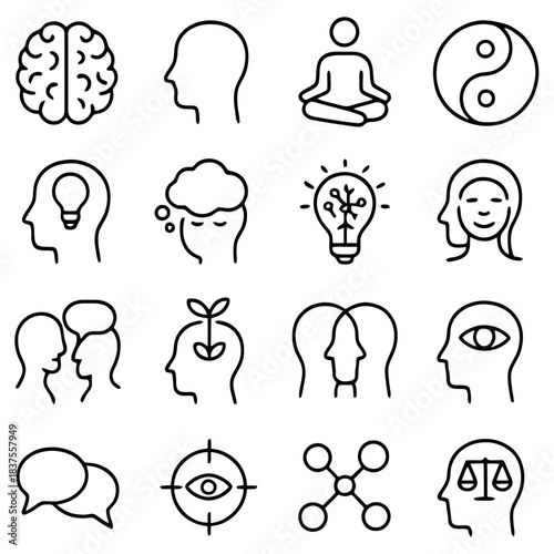 Mindfulness and Intellect: A graphic arrangement of symbols that shows the essence of human thought processes, covering ideas from a mindful state to balanced decision-making.