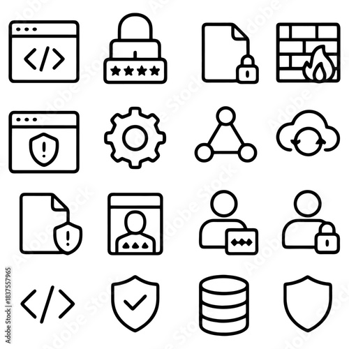 Cybersecurity Icon Collection: A comprehensive compilation of cybersecurity icons, showcasing digital security elements and safeguards to enhance your digital safety, including firewalls, locks.