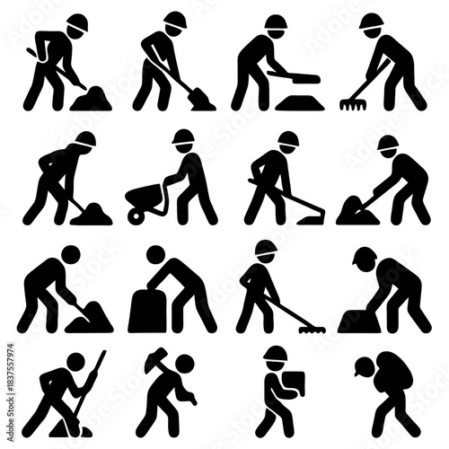Construction Worker at Work: A collection of various construction workers performing diverse tasks on a construction site, highlighting teamwork, diligence, and manual labor