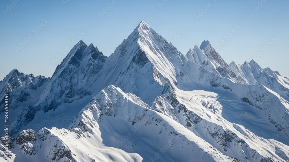 Fototapeta premium Snow-covered mountain peaks under a clear blue sky on a bright sunny day