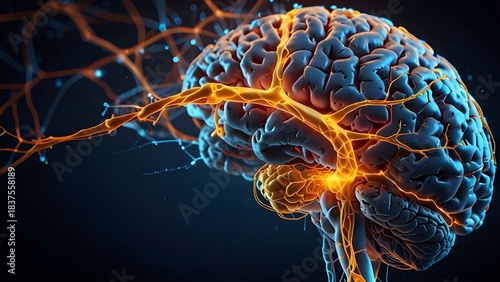 A detailed illustration of the human brain with glowing neural connections