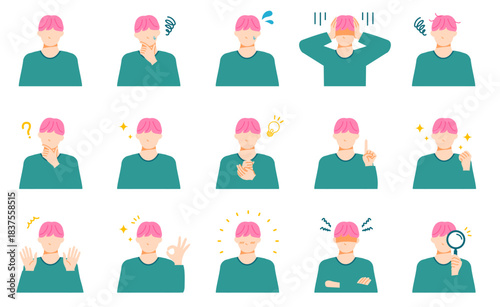 若い一般男性の喜怒哀楽などの表情イラストセット。フラットデザイン。