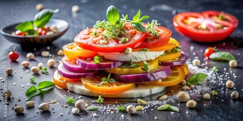 Vibrant layered tomato and onion salad with fresh mozzarella and herbs, artistically arranged on a dark surface with scattered seasonings and pistachios.