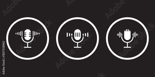 Microphone icon with sound waves. Voice recording symbol. Audio podcasting and broadcasting sign. Radio, studio communication pictogram.