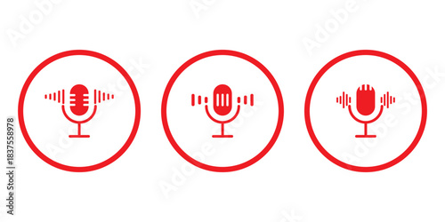 Microphone icon with sound waves. Voice recording symbol. Audio podcasting and broadcasting sign. Radio, studio communication pictogram.