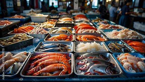 A traditional Japanese seafood market stall filled with fresh fish and seafood