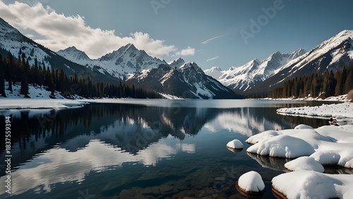 A pristine mountain lake surrounded by snow-capped peaks