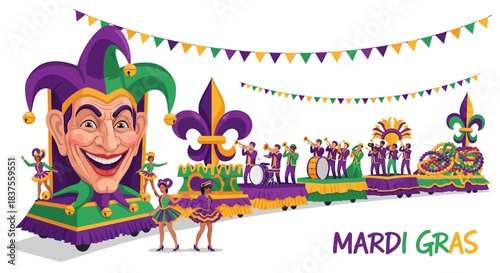 Mardi Gras Parade Float with Jester Mask and Performers.