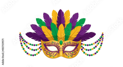Ornate Mardi Gras carnival mask with colorful feathers and beads.