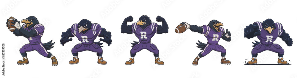 Fototapeta premium Cartoon raven or crow mascot character playing american football
