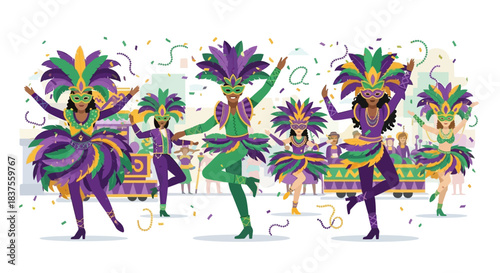 Vibrant Mardi Gras Performers in Elaborate Costumes Dancing Joyfully.