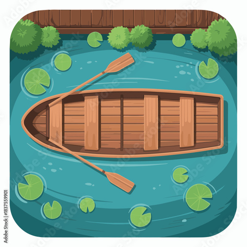 Illustration of a wooden rowboat on a lake with lily pads and oars for boating adventure scene design
