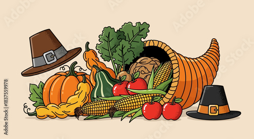 Abundant Thanksgiving Harvest: Cornucopia of Autumnal Delights and Pilgrim Hats.