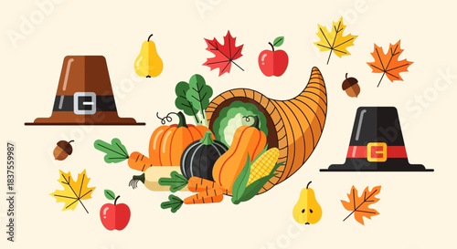 Thanksgiving cornucopia with autumn harvest and pilgrim hats.