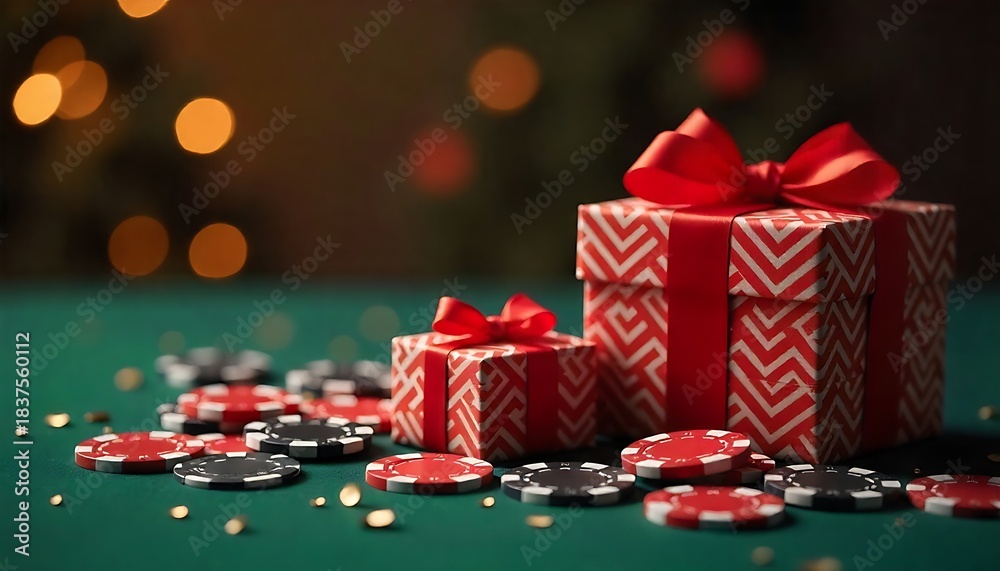 Obraz premium Christmas casino theme with poker chips and festive gift boxes decorated with red ribbons and golden bokeh lights, created with generative ai
