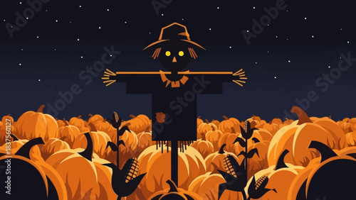 Spooky scarecrow stands tall amidst a pumpkin patch under starry night.