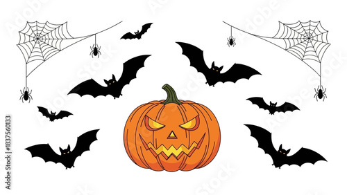 Scary Halloween Jack O Lantern Pumpkin with Bats and Spiderwebs.