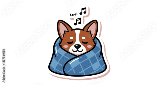 Adorable corgi wrapped in a cozy blanket listening to relaxing lo-fi music illustration