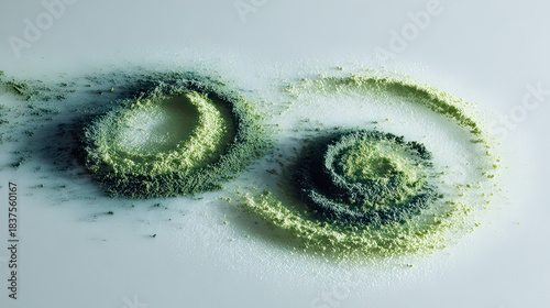 Floating powder formations of spirulina and green tea on transparent background