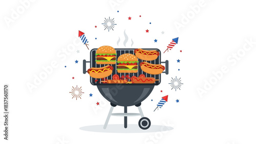 Festive Fourth of July BBQ Grill with Burgers and Hotdogs.