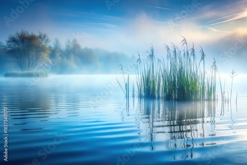 Serene Aquatic Scene at Dawn Misty Lake with Reeds and Trees Reflecting in Calm Water