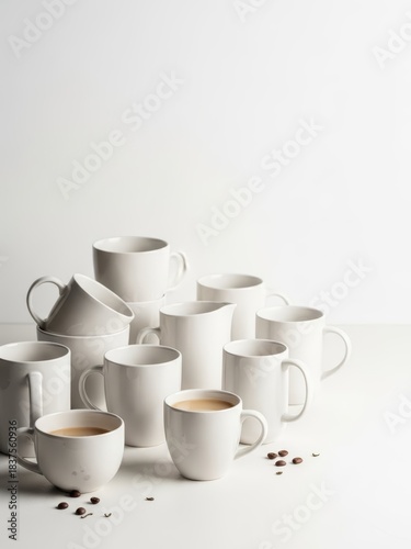 Wallpaper Mural White ceramic cups and mugs and coffee beans on a white background. Still life with blank space for text or product display. Minimalist aesthetic. Torontodigital.ca