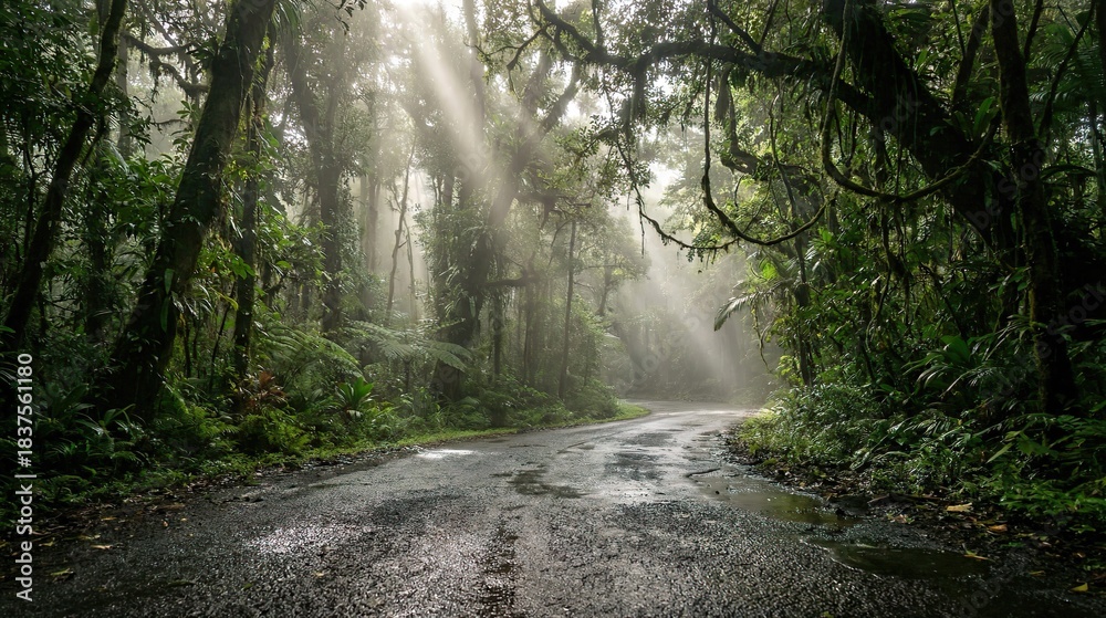 Fototapeta premium road cutting through a vibrant rainforest